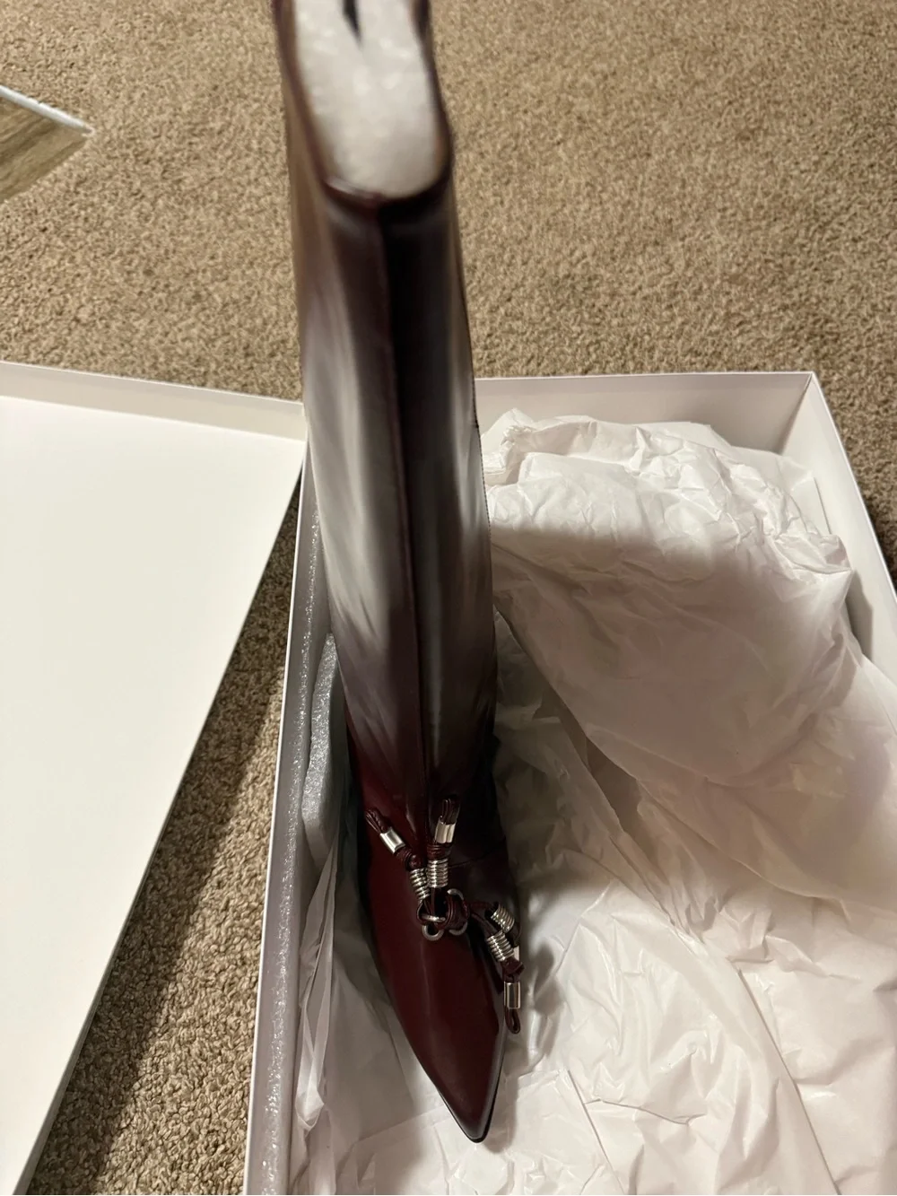 TOGA Pulla Burgundy Pointed Toe Knee-High Boot with Silver Hardware - Picture 1 of 7